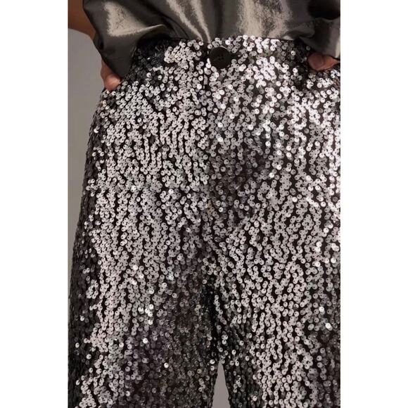 Maeve Anthropologie Colette Cropped Wide-Leg Sequin Pants Silver Size 32 Party - Picture 3 of 11
